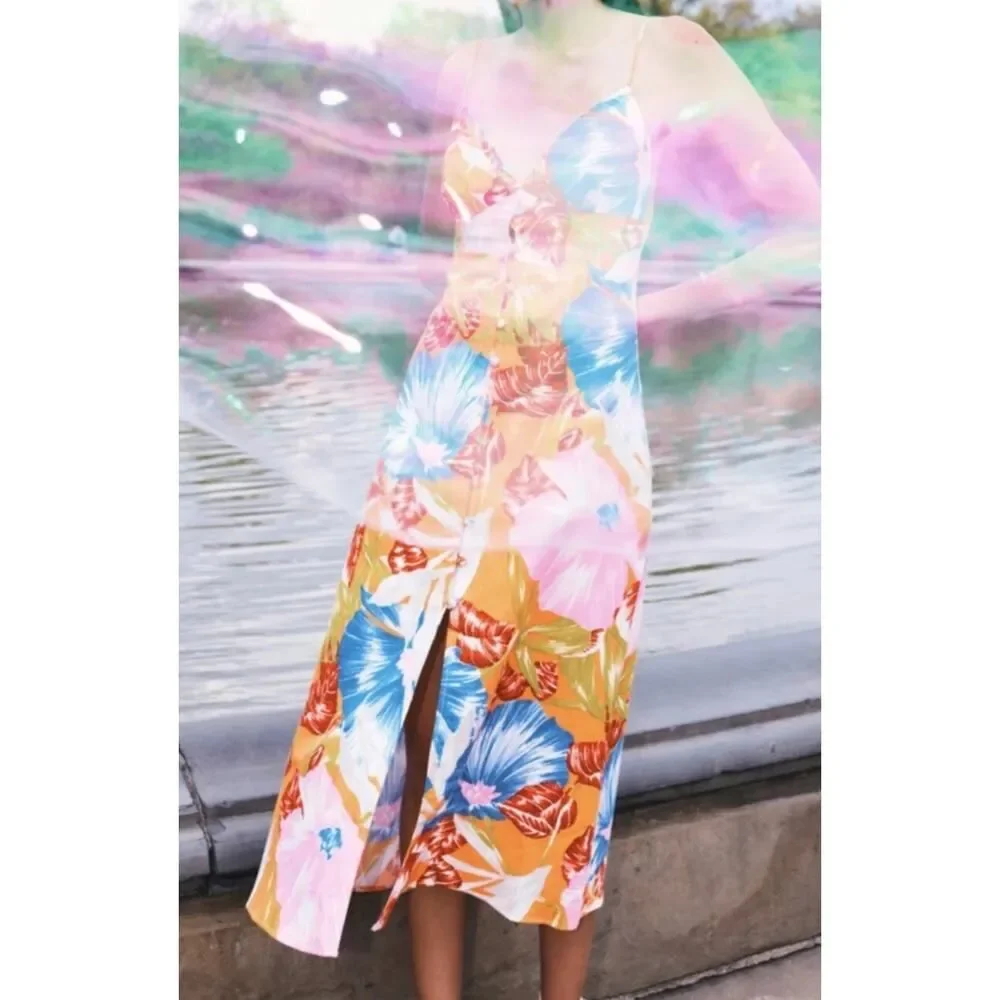 NWT Zara Tropical Floral Midi Dress Linen Blend Blogger Favorite Summer L